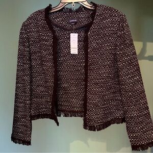 NWT Bebe Black & White Raw Edge Boucle Open Front Light Jacket Blazer Sz 10